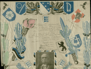 A faded collage of blue crests, plants, and drawings surrounds a letter, and below, a photograph of a man in a suit.
